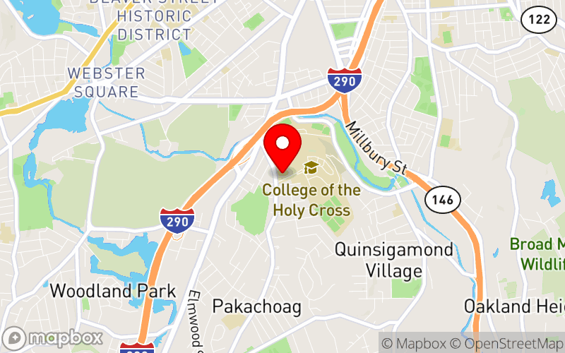 Map for 2024 OABHN Conference, "Leading Change: Making a Difference at the Intersection of Practice, Policy, and Lived Experience" at 1 College Street, Worcester