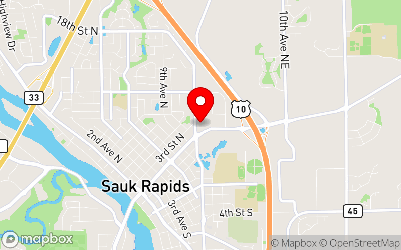Map for Central MN SHRM Event: Mental Health in the Workplace Panel Discussion and SAVE Training at 250 Summit Ave N, Sauk Rapids, MN 56379
