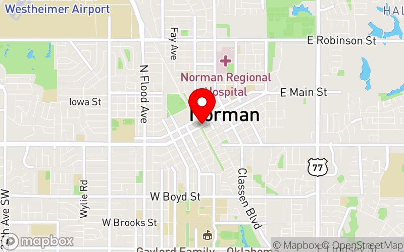 Map for OKMHCA 2025 Winter Conference at 210 S. James Garner Ave., Norman, OK 73069