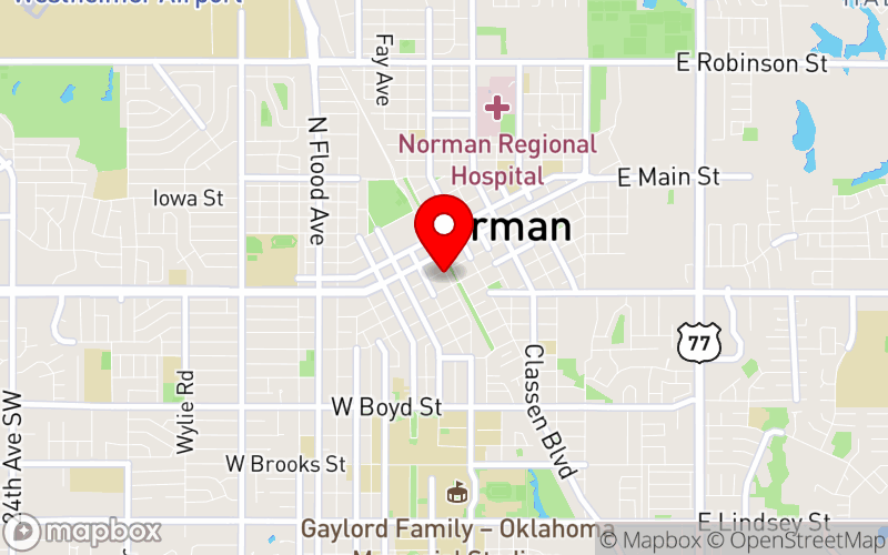 Map for OKMHCA 2025 Summer Conference at 210 James Garner Ave, Norman, OK 73069, USA