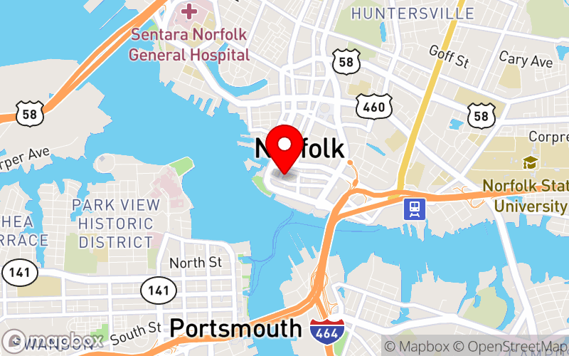 Map for 2026 VASAM Annual Conference at 100 E Main St, Norfolk, VA 23510